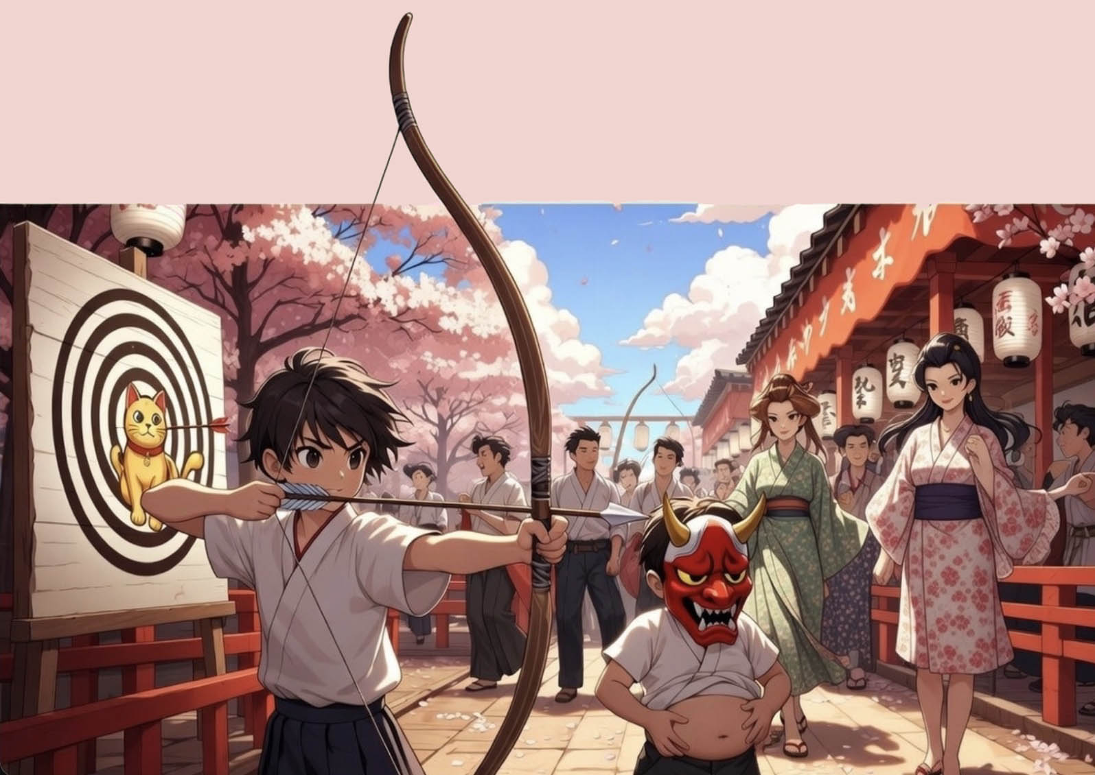 弓矢を引く若者と鬼の面