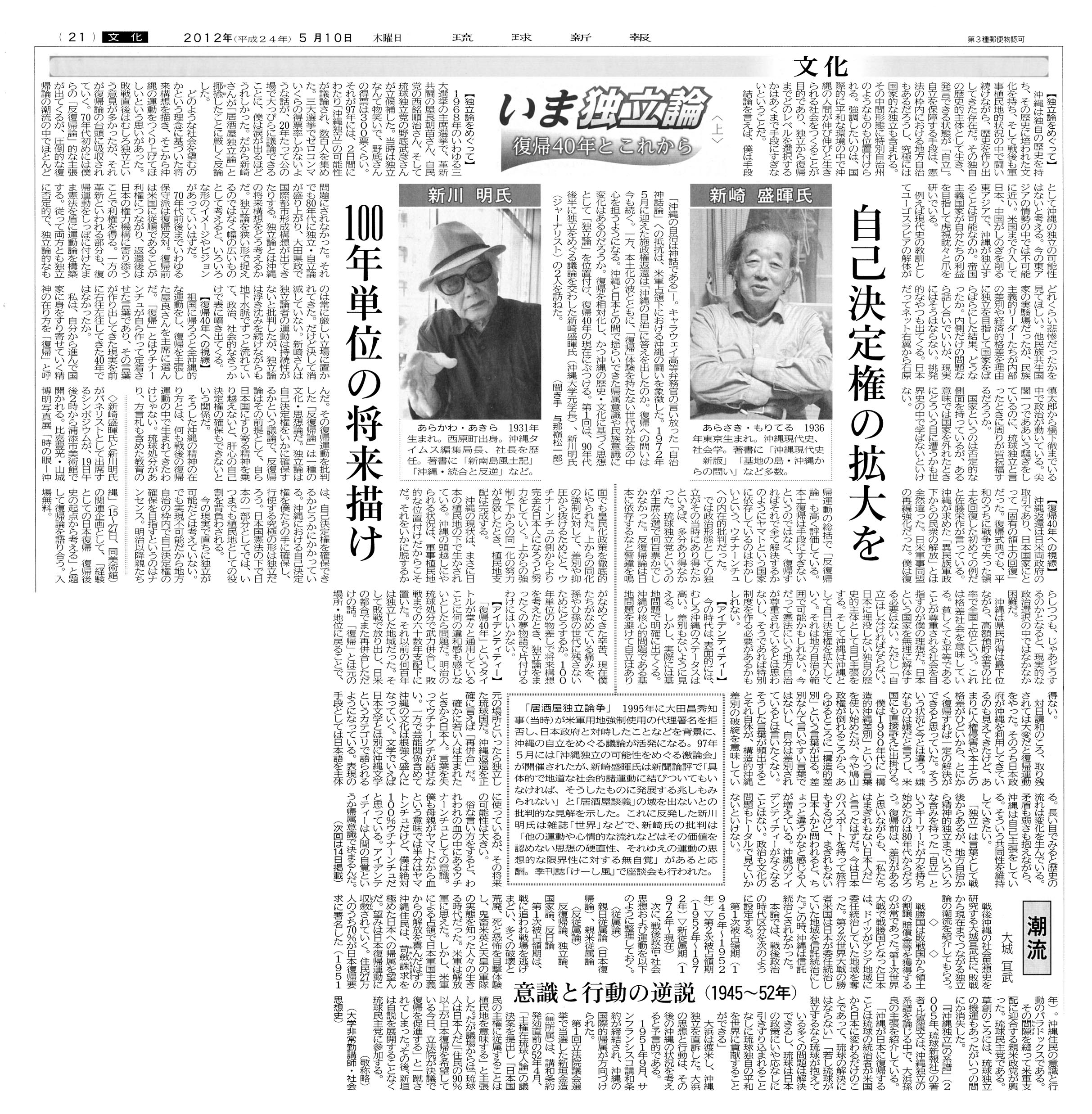 いま独立論　復帰40年とこれから＜上＞