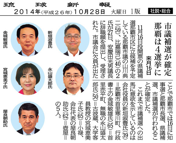 市議補選が確定　那覇は4選挙に