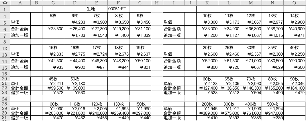 ナイロンジャンパー価格表