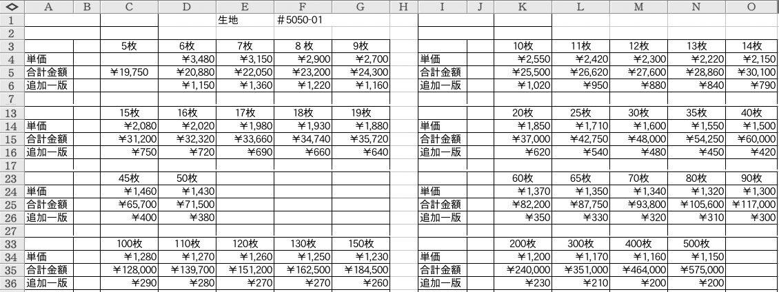 ポロシャツ価格表　プリント込み